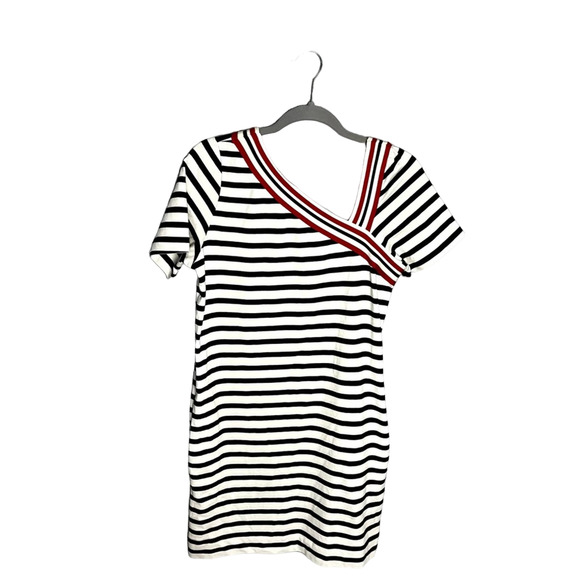 SEE BY CHLOE Jersey Knit Striped Asymmetric Neckline Mini Dress - Picture 1 of 5